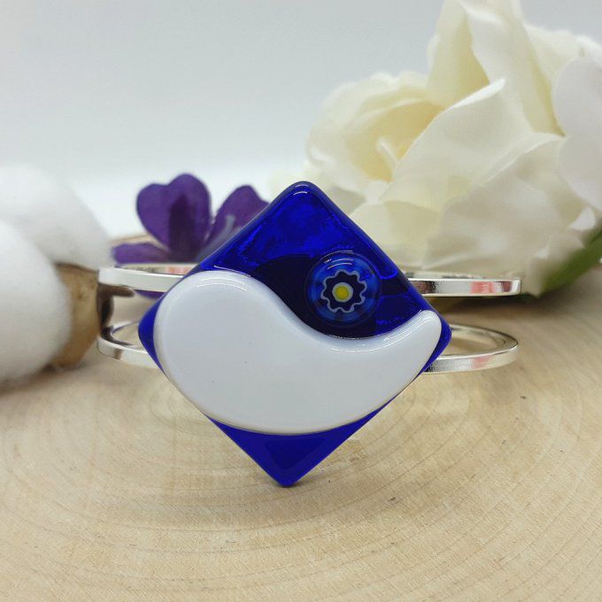 **Eglantine bleu** - Bracelet cabochon en verre de Murano et laiton argenté