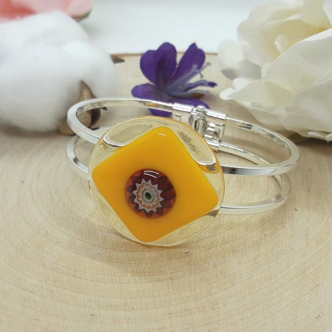 **Eglantine jaune** - Bracelet cabochon en verre de Murano et laiton argenté