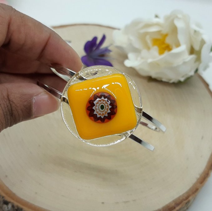 **Eglantine jaune** - Bracelet cabochon en verre de Murano et laiton argenté